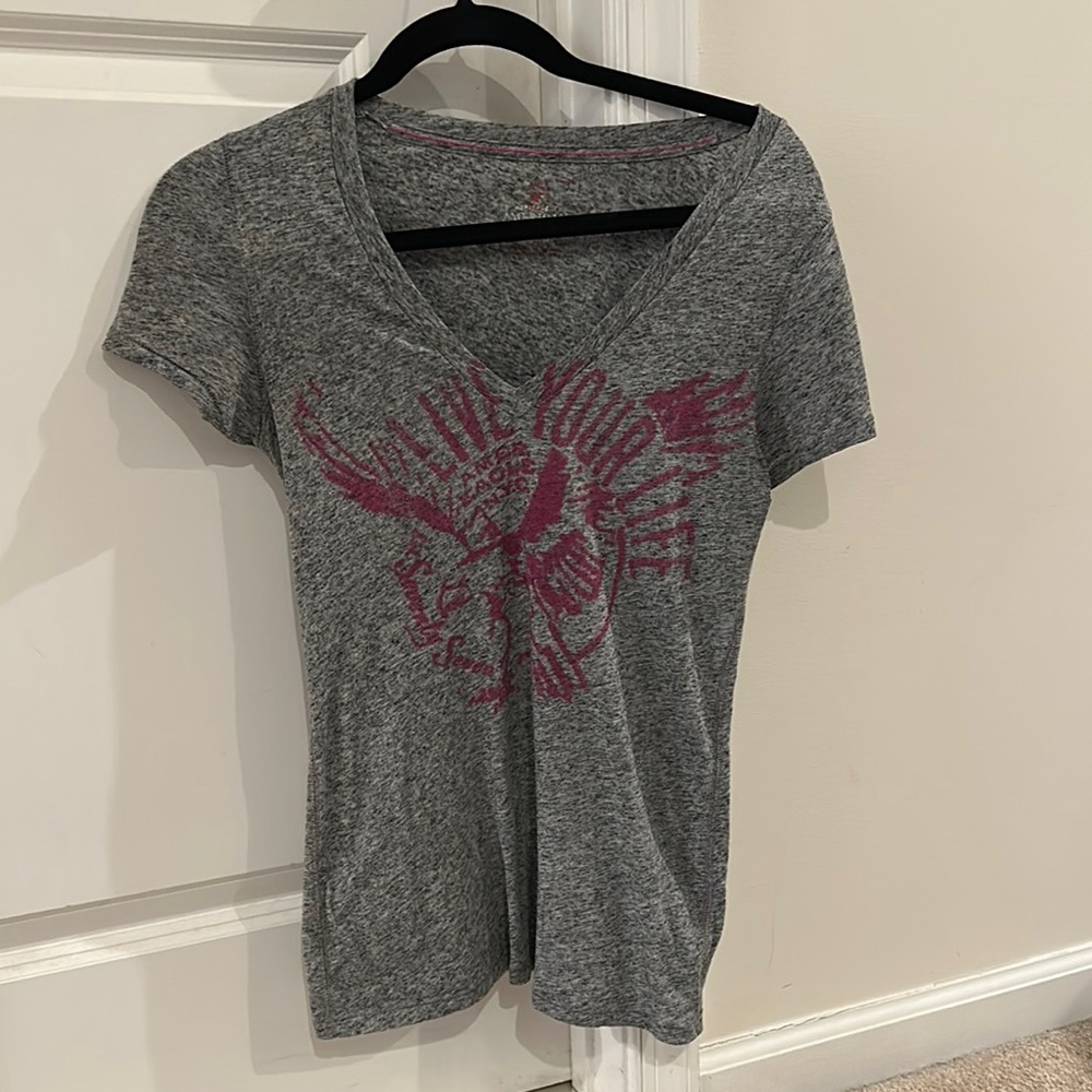 American Eagle Outfitters Gray Graphic Fitted T-Shirt